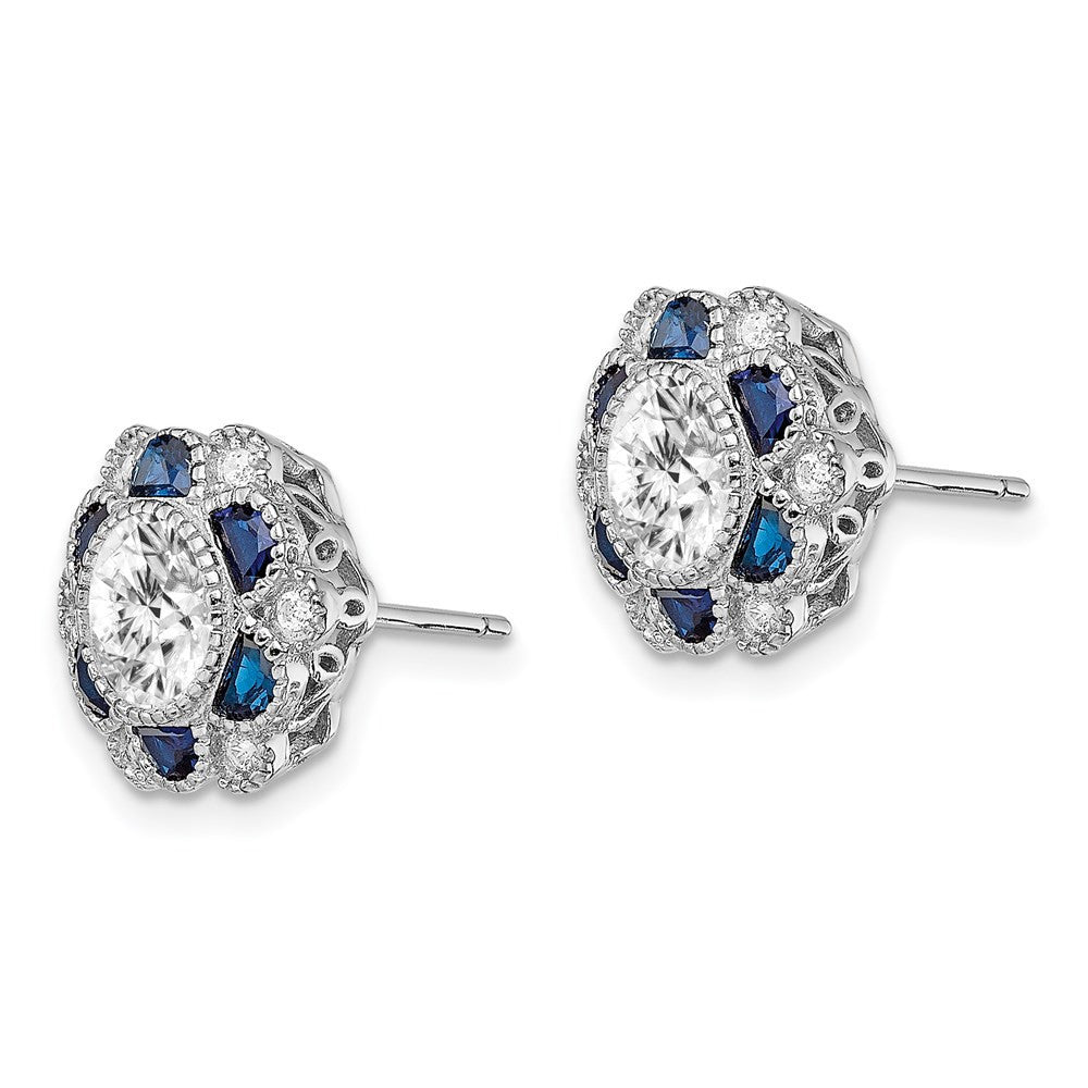 Sterling Silver Rhodium-plated Blue Spinel and CZ Flower Button Stud Earrings