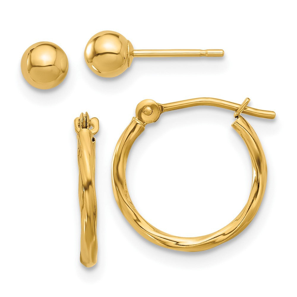 14k Yellow Gold Polished 4mm Ball and Twisted Hoop Stud Earring Set