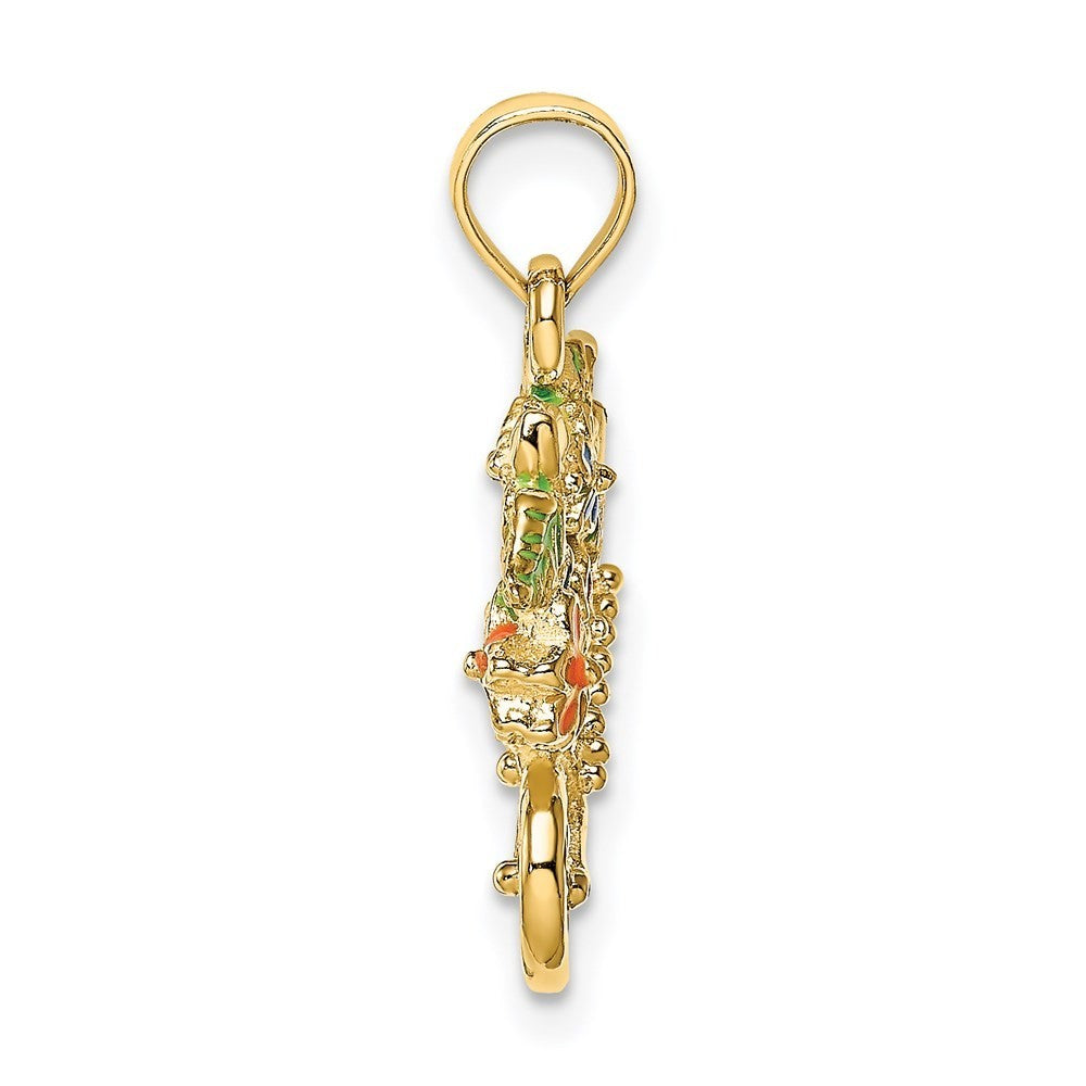 14k Yellow Gold 3-D Multi-color Enamel flower Cart Charm Pendant