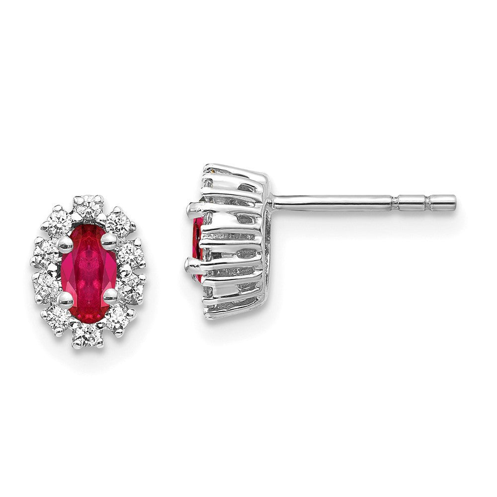 14k White Gold Diamond and Ruby Oval Halo Stud Earrings