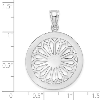 14k White Gold Retro Daisy In Round Frame Charm Pendant