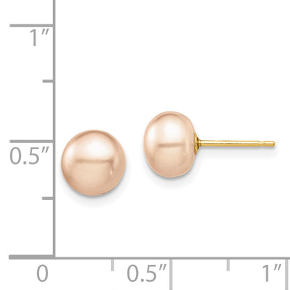 14k Yellow Gold 8mm Pink Button Cultured Pearl Stud Earrings with Silicone Backs