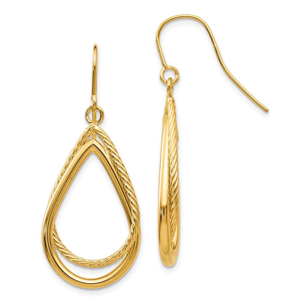 14k Yellow Gold Polished and Textured Tear Shepherd Hook Dangle Earrings