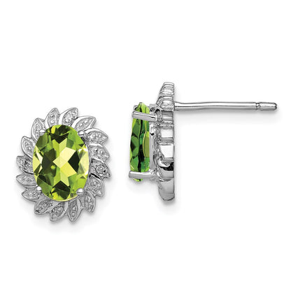 Sterling Silver Rhodium-plated Peridot and Diamond Button Stud Earrings
