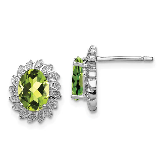 Sterling Silver Rhodium-plated Peridot and Diamond Button Stud Earrings