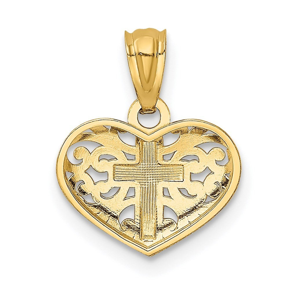 14k Yellow Gold Rhodium Cross in Heart Pendant