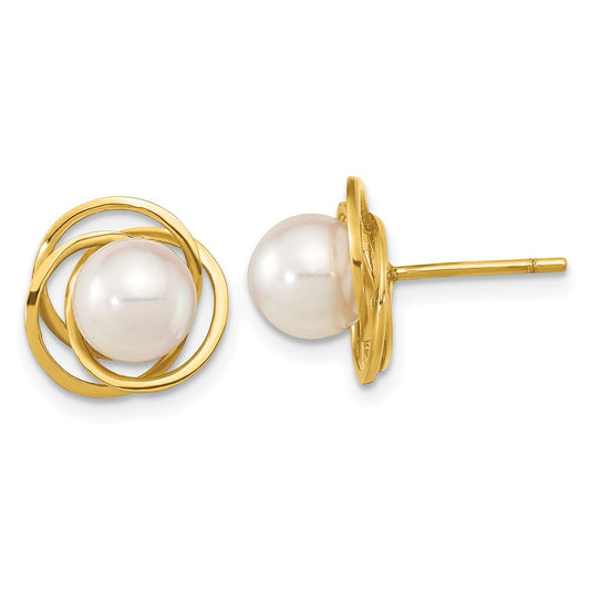 14k Yellow Gold 6-7mm White Round Akoya Saltwater Cultured Pearl Stud Earrings
