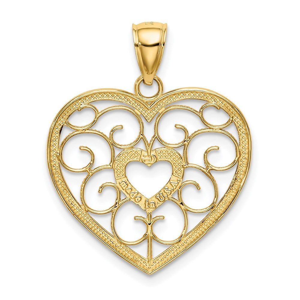 14k Yellow Gold Rhodium Filigree Heart Charm Pendant