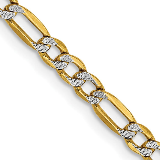 14k Yellow Gold 3.2mm Semi-Solid with Rhodium Figaro Chain Necklace 22"