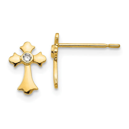 14k Yellow Gold CZ Children's Cross Button Stud Earrings