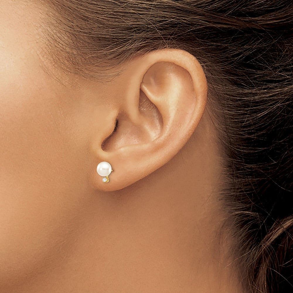 14k Yellow Gold 8mm White Akoya Saltwater Cultured Pearl & Diamond Stud Earrings
