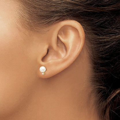 14k Yellow Gold 8mm White Akoya Saltwater Cultured Pearl & Diamond Stud Earrings