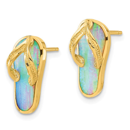 14k Yellow Gold Polished w/Created White Opal Flip Flop Stud Earrings