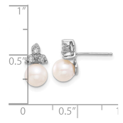 14k White Gold 6mm Round Freshwater Cultured Pearl & Diamond Stud Earrings