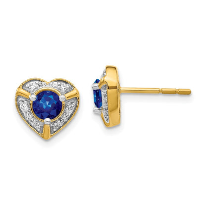 14k Yellow Gold Diamond and Sapphire Fancy Heart Stud Earrings