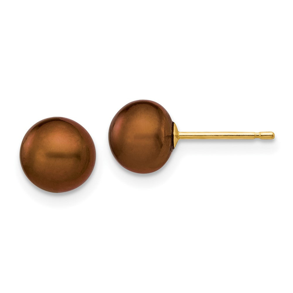 14k Yellow Gold 6-7mm Brown Button Freshwater Cultured Pearl Stud Earrings