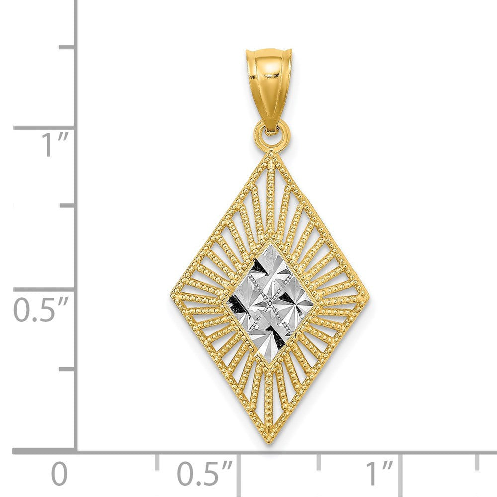 14k Yellow Gold Rhodium Diamond-Cut Diamond Shape Charm Pendant