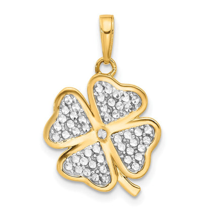14k Yellow Gold and White Rhodium Polished and Diamond-Cut 4-Leaf Clover Pendant