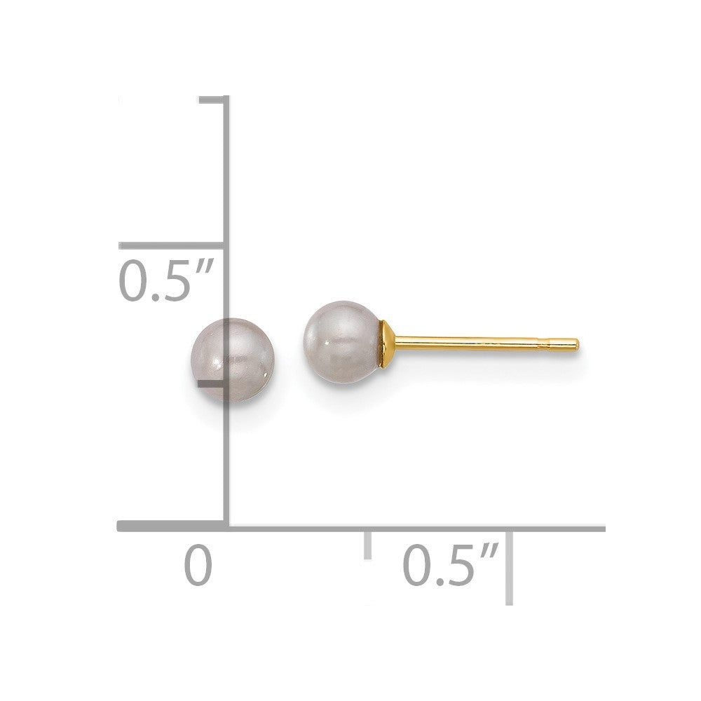 14k Yellow Gold 3-4mm Grey Round Freshwater Cultured Pearl Button Stud Earrings