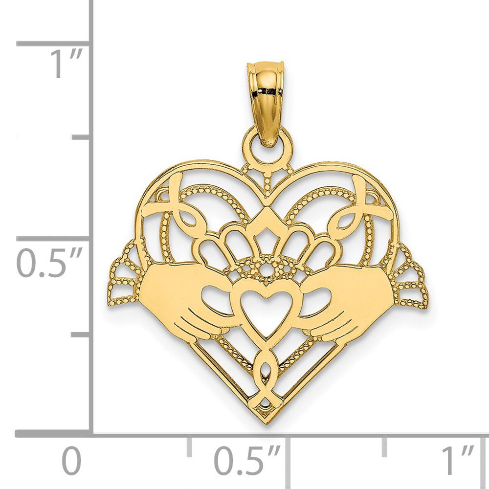 14k Yellow Gold Polished and Beaded Claddagh In Heart Charm Pendant