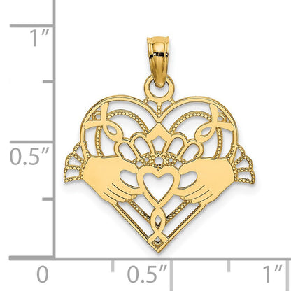 14k Yellow Gold Polished and Beaded Claddagh In Heart Charm Pendant