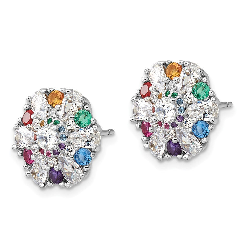 Sterling Silver Rh-pltd Rainbow Nano Crystal and Clear CZ Button Stud Earrings