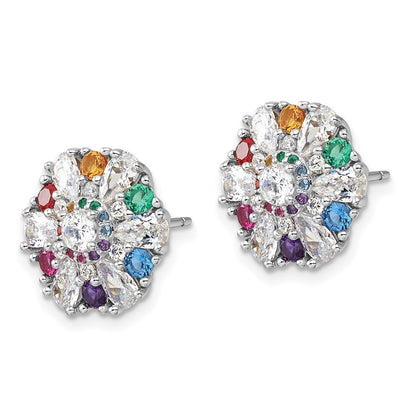 Sterling Silver Rh-pltd Rainbow Nano Crystal and Clear CZ Button Stud Earrings
