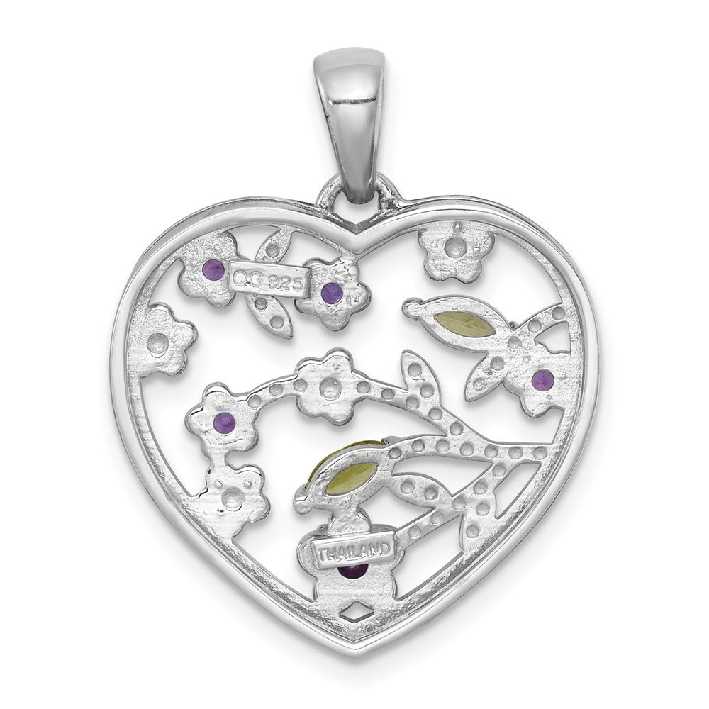 Sterling Silver Rhodium Polished Amethyst and Peridot Flowers Heart Pendant