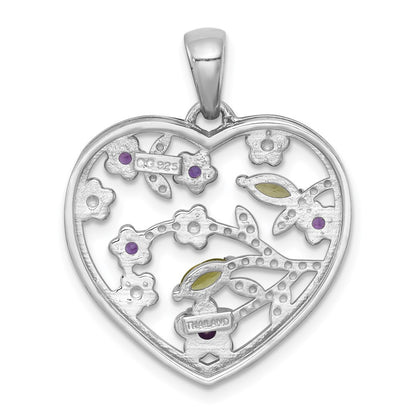 Sterling Silver Rhodium Polished Amethyst and Peridot Flowers Heart Pendant