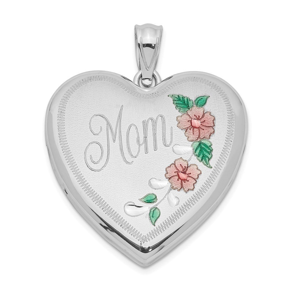 Sterling Silver Rhodium-plated 24mm Enameled Floral Mom Heart Locket Pendant