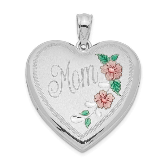 Sterling Silver Rhodium-plated 24mm Enameled Floral Mom Heart Locket Pendant