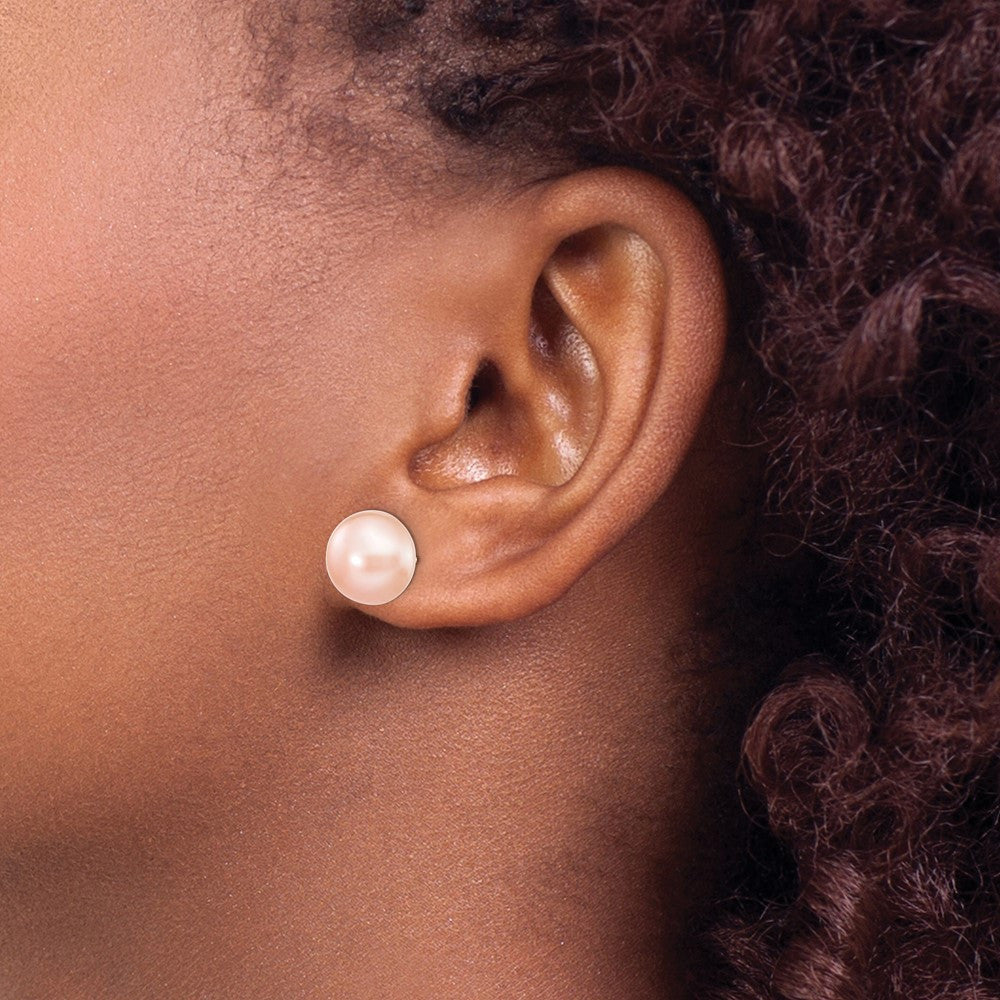14k Yellow Gold 10-11mm Pink Button Freshwater Cultured Pearl Stud Earrings