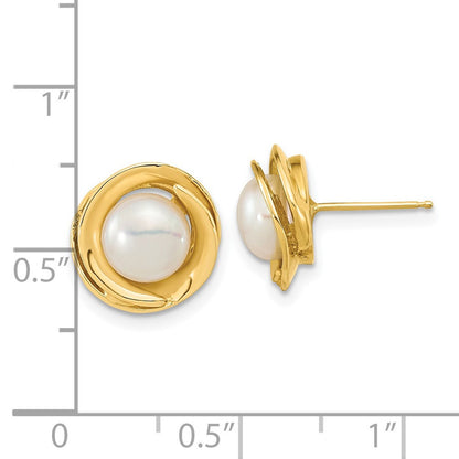 14k Yellow Gold 6-7mm White Button Freshwater Cultured Pearl Stud Earrings