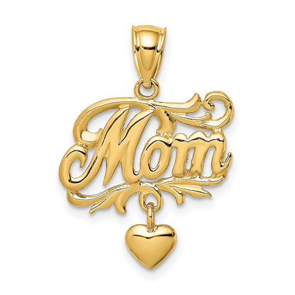 14k Yellow Gold MOM Dangling Heart Charm Pendant