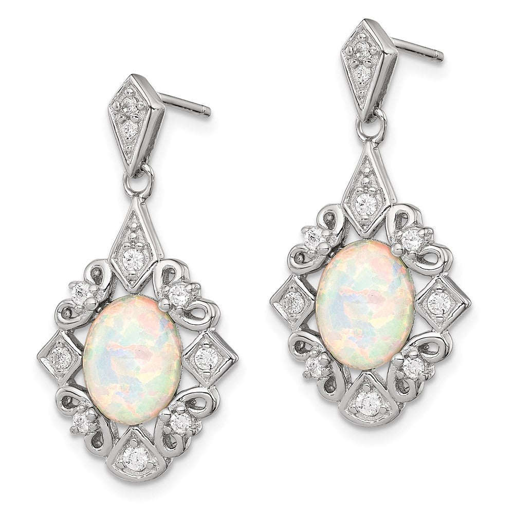 Sterling Silver Rhodium-plated Created Opal and CZ Dangle Earrings
