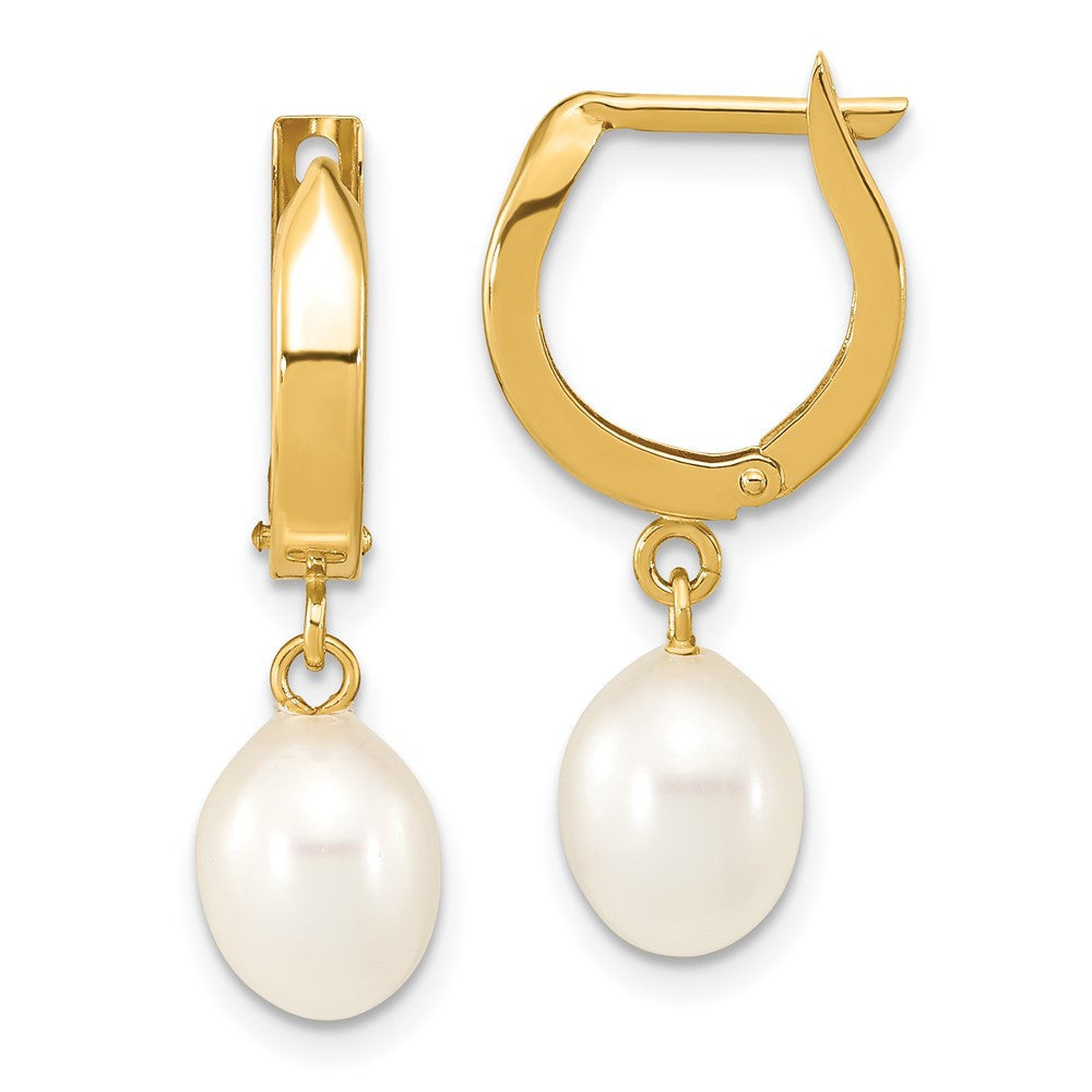 14k Yellow Gold 6-7mm White Rice Freshwater Cultured Pearl Hoop Dangle Earrings