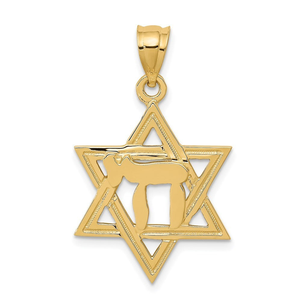 14k Yellow Gold Solid Polish Chai in Star of David Charm Pendant