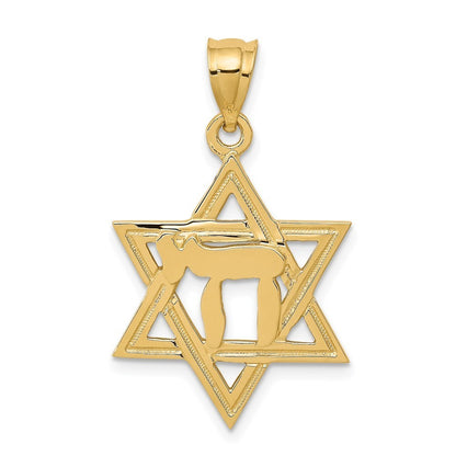 14k Yellow Gold Solid Polish Chai in Star of David Charm Pendant