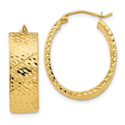 14k Yellow Gold Diamond Cut Oval Hoop Earrings