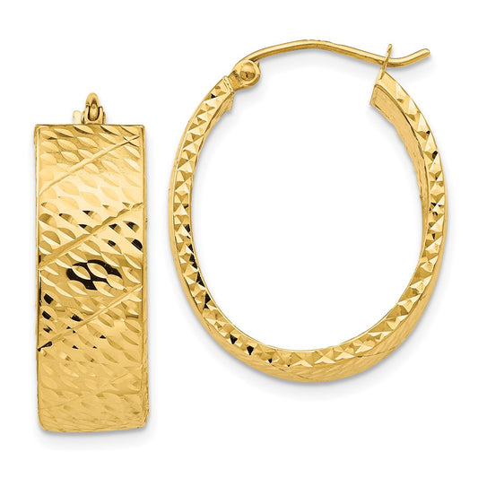 14k Yellow Gold Diamond Cut Oval Hoop Earrings