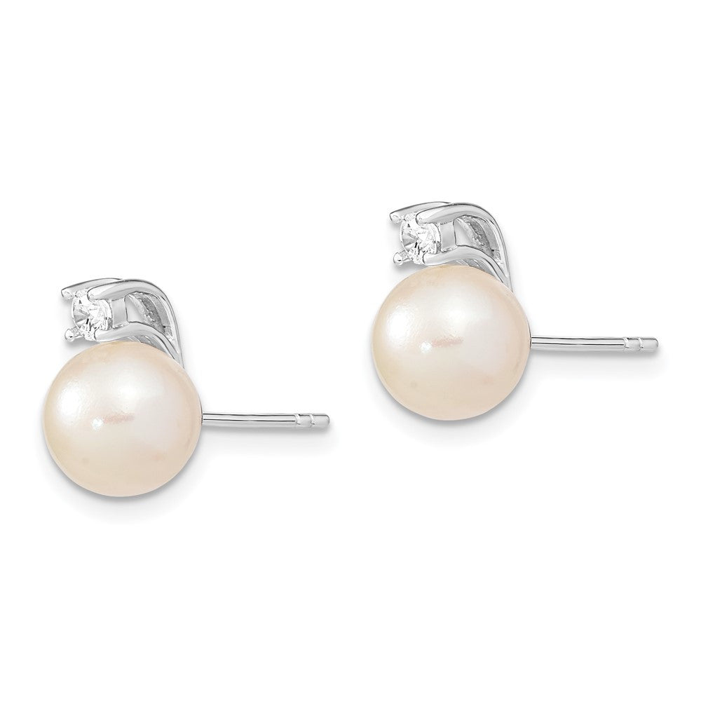 Sterling Silver White Semi-Round Freshwater Cultured Pearl and CZ Stud Earrings