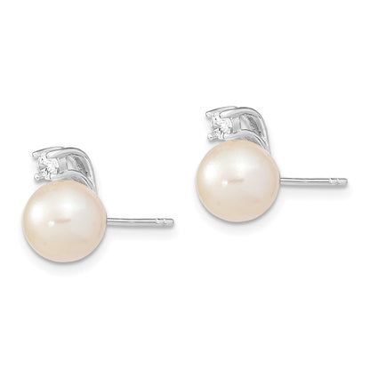 Sterling Silver White Semi-Round Freshwater Cultured Pearl and CZ Stud Earrings