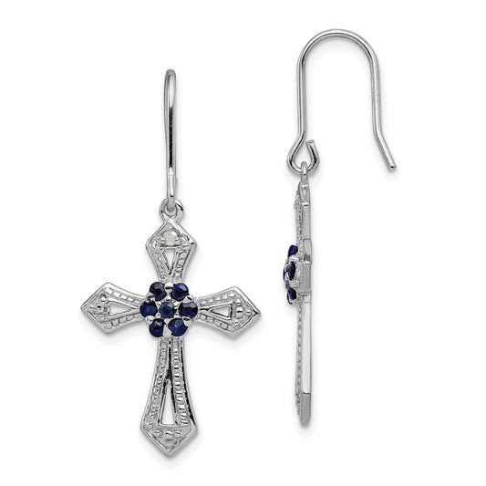 Sterling Silver Polished Beaded Diamond Accent & Black CZ Cross Dangle Earrings