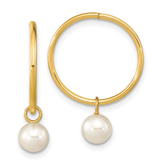 14k Yellow Gold 5-6mm White Round Freshwater Cultured Pearl Dangle Hoop Earrings