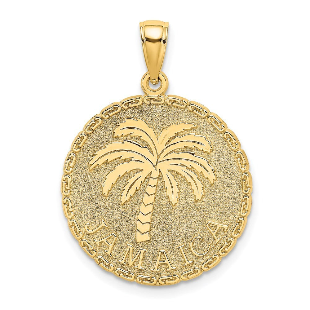 14k Yellow Gold JAMAICA and Palm Tree Disk Charm Pendant