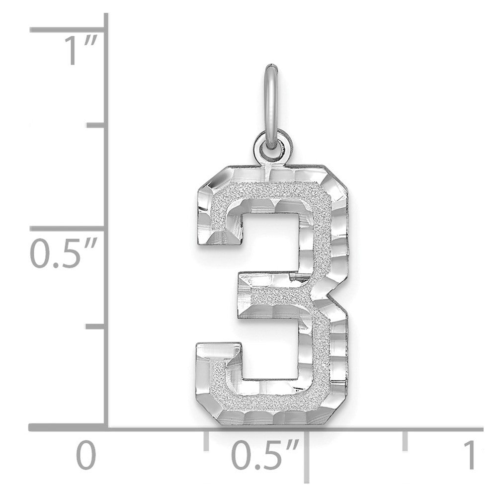 14k White Gold Large Brushed Diamond-cut Number 3 Charm Pendant