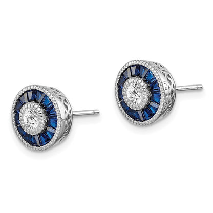 Sterling Silver Rhodium-plated Synthetic Blue Spinel and CZ Button Stud Earrings