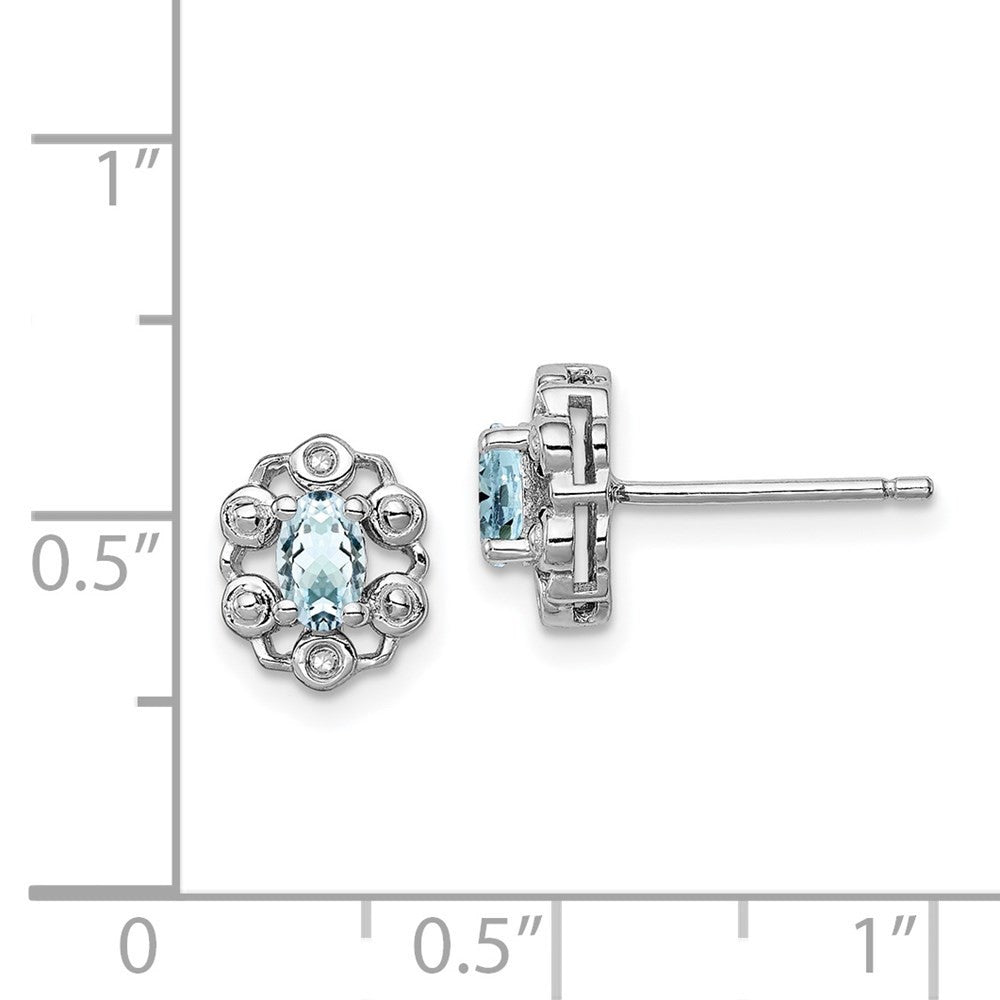 Sterling Silver Rhodium-plated Aquamarine & Diam. Button Stud Earrings