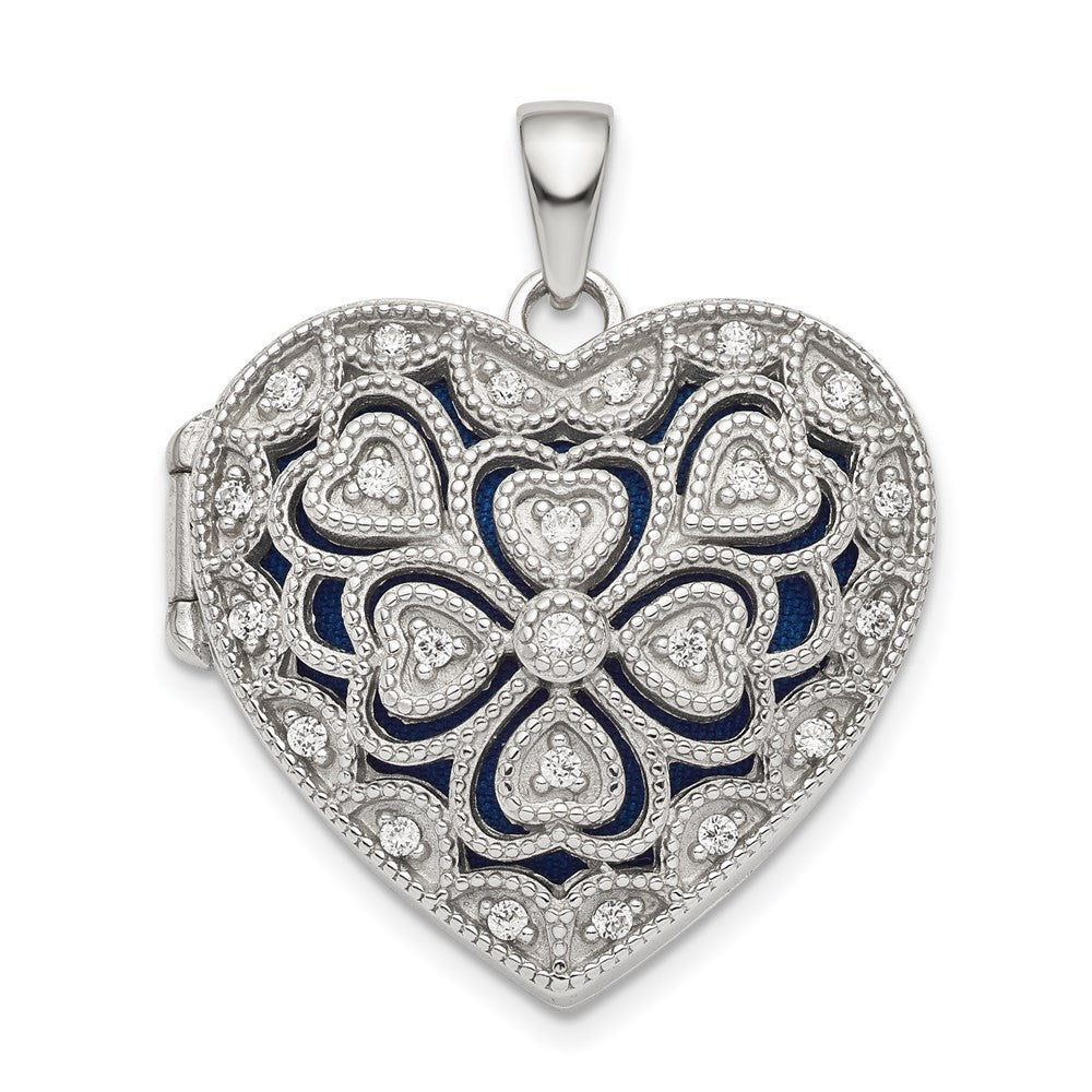 Sterling Silver Rhodium-plated Fancy CZ Heart Locket Pendant