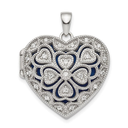 Sterling Silver Rhodium-plated Fancy CZ Heart Locket Pendant